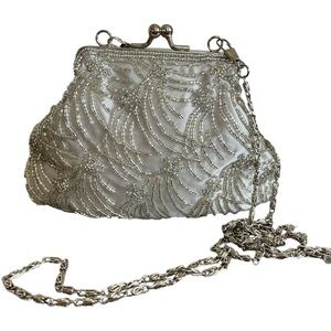Vintage Cache XS Sliver Satin Clutch w/Sliver beads,long chain kiss-lock closure